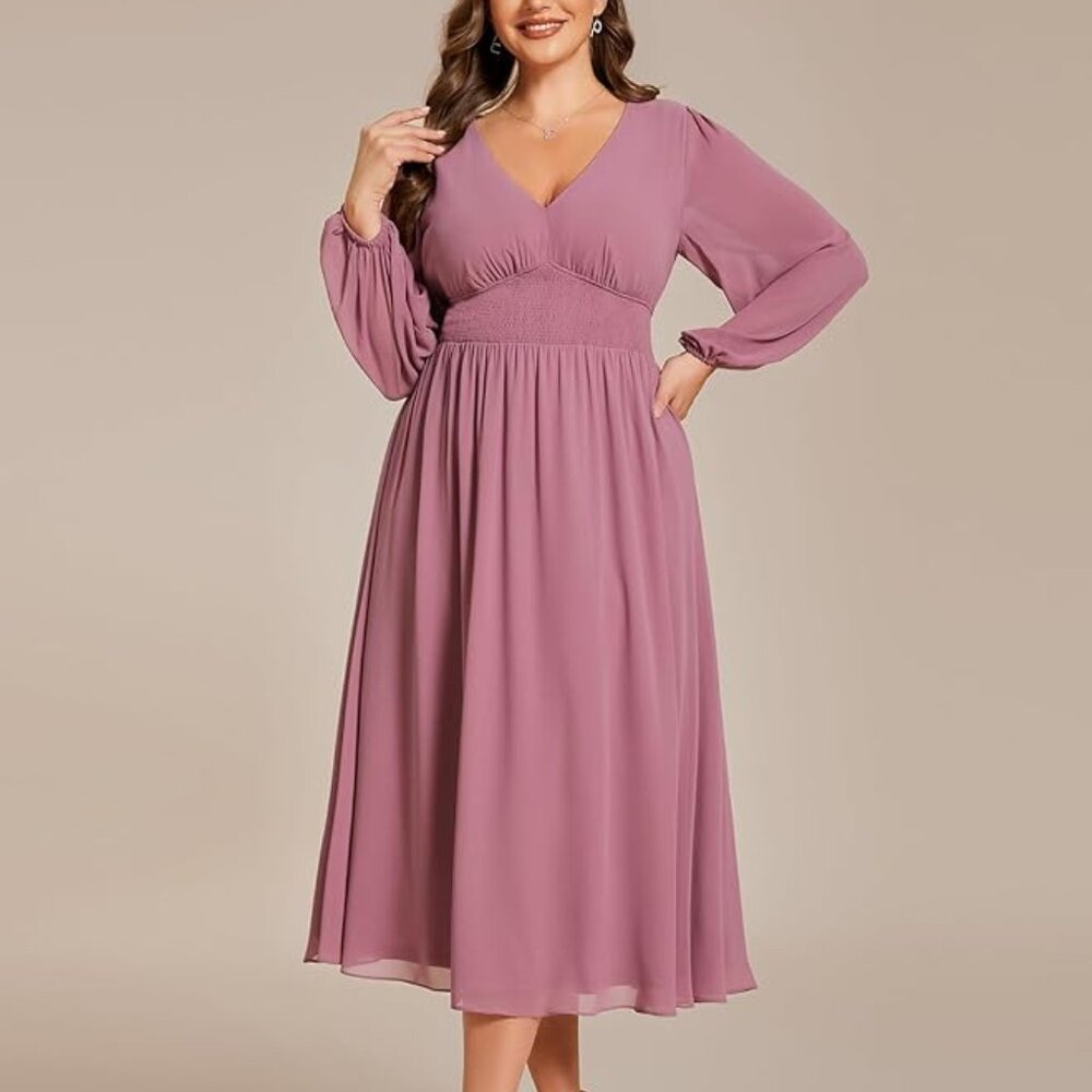 Ever-Pretty Women's A-Line V Neck Lantern Sleeves Midi Plus Size Formal Dress